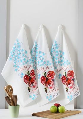 3Pcs White And Blue Printed Cotton Kitchen Towels