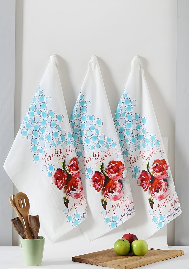 3Pcs White And Blue Printed Cotton Kitchen Towels