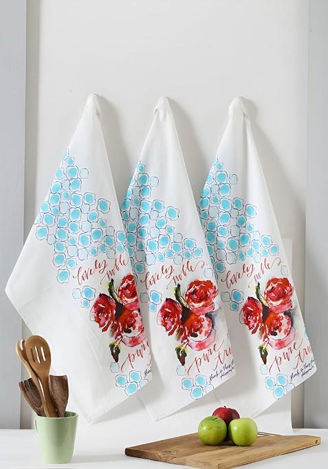 3Pcs White And Blue Printed Cotton Kitchen Towels