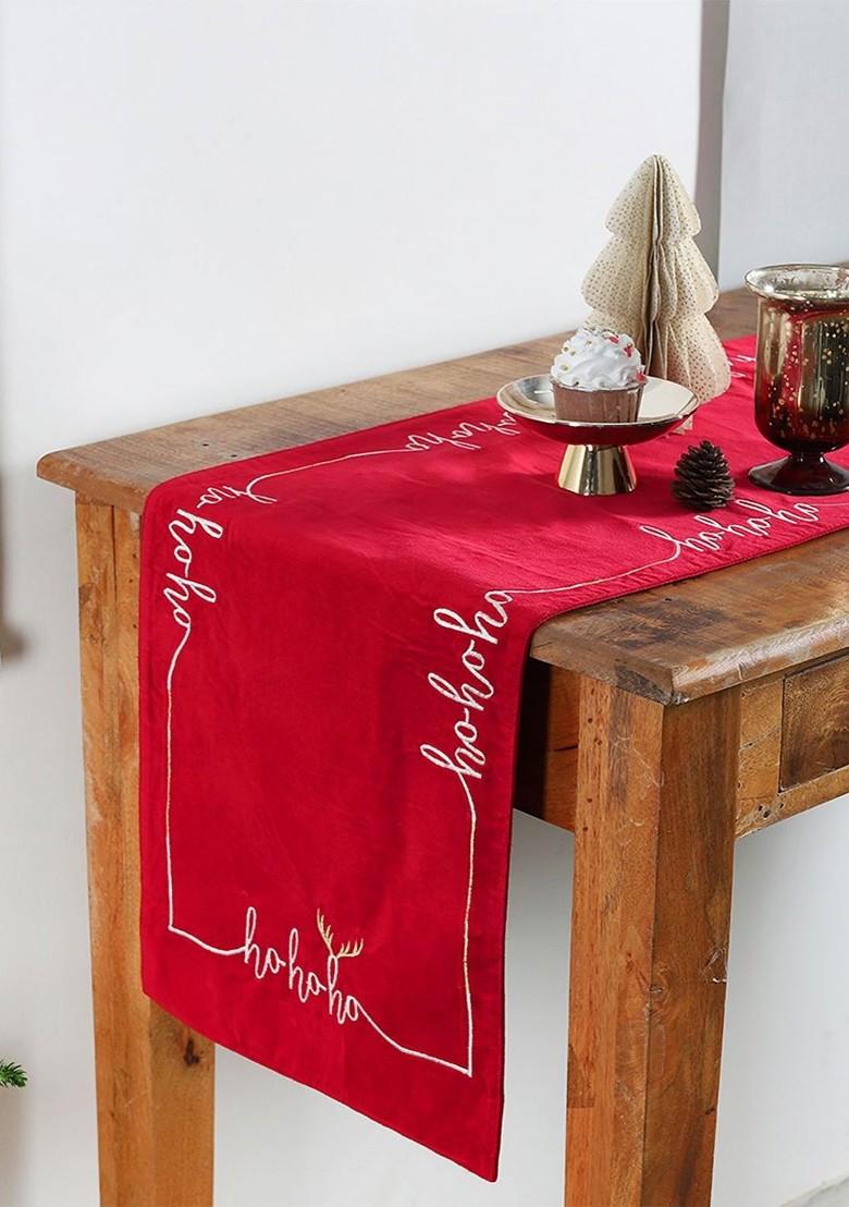 Red And White Embroidered Pure Cotton Rectangular Table Runner