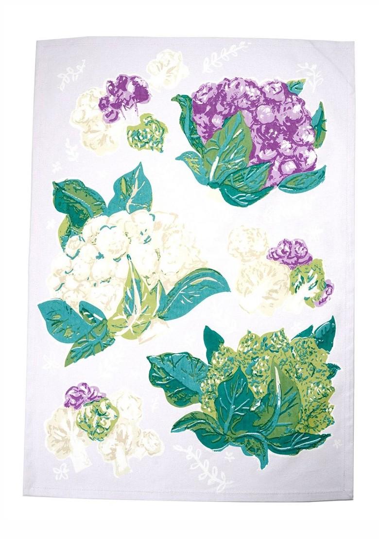 Green And Purple 3 Pieces Cauliflower Printed Cotton Kitchen Towels