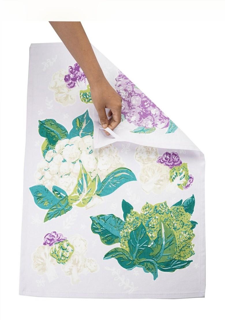 Green And Purple 3 Pieces Cauliflower Printed Cotton Kitchen Towels