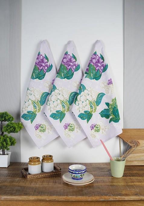 Green And Purple 3 Pieces Cauliflower Printed Cotton Kitchen Towels