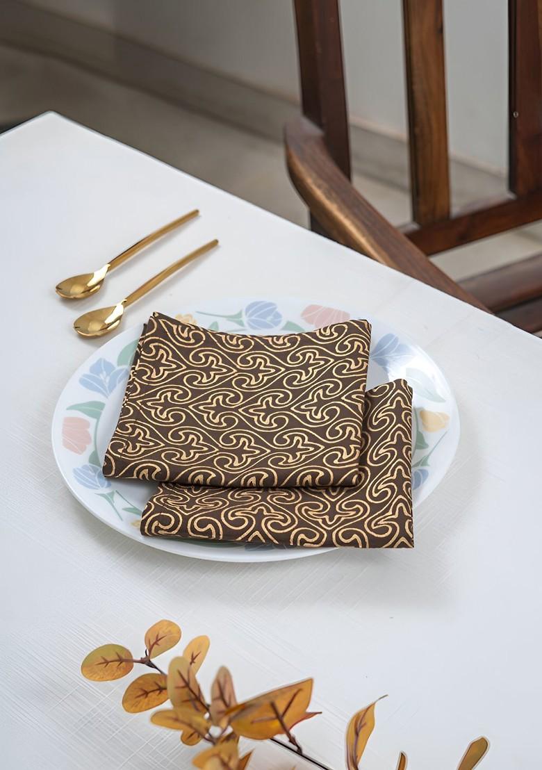 Brown And Beige 6 Pieces Floral Printed Cotton Dinner Table Napkins