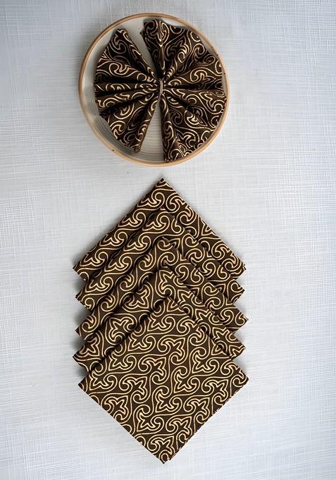 Brown And Beige 6 Pieces Floral Printed Cotton Dinner Table Napkins