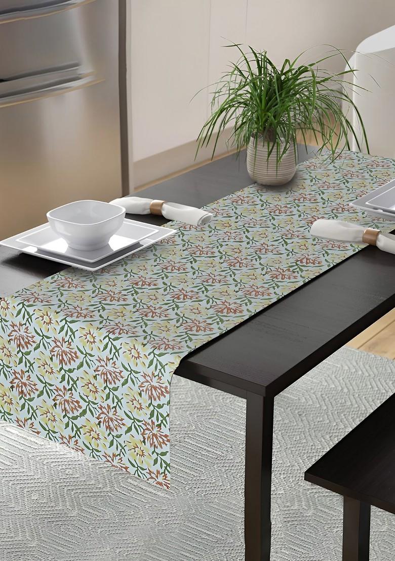 Green And Yellow Floral Printed Pure Cotton Table Runner