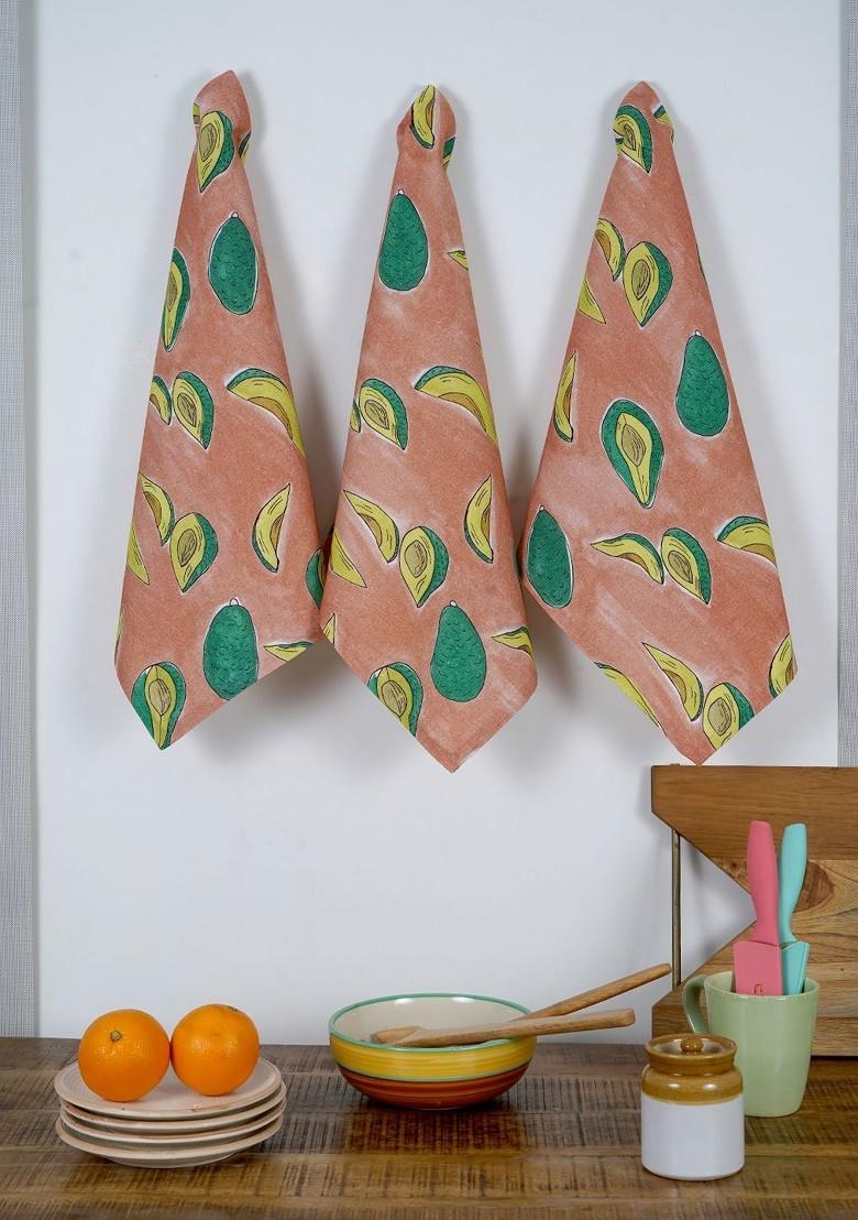 Peach 3 Pieces Printed Cotton Kitchen Towels