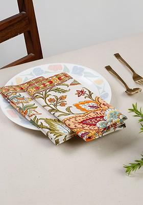 White And Green 4 Pieces Floral Printed Cotton Table Napkins