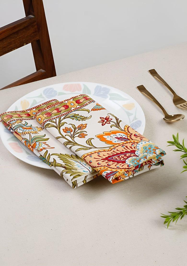 White And Green 4 Pieces Floral Printed Cotton Table Napkins