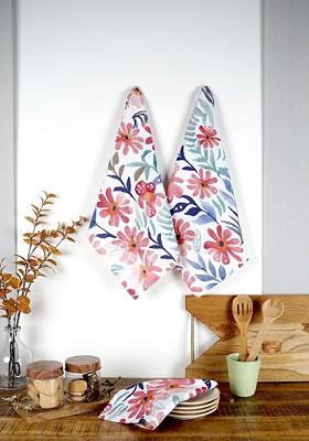 White And Blue 3 Pieces Floral Printed Pure Cotton Kitchen Towels