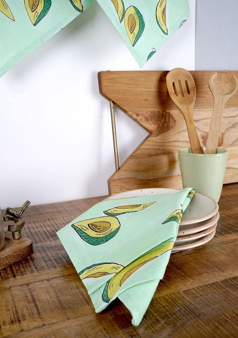 Green And Yellow 3 Pieces Avacado Printed Cotton Kitchen Towels
