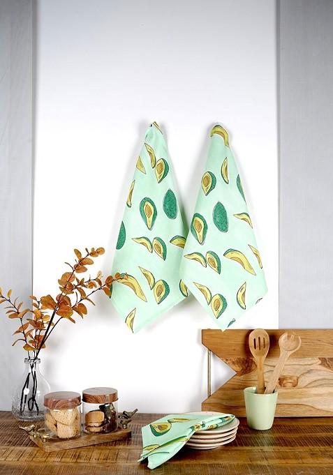 Green And Yellow 3 Pieces Avacado Printed Cotton Kitchen Towels