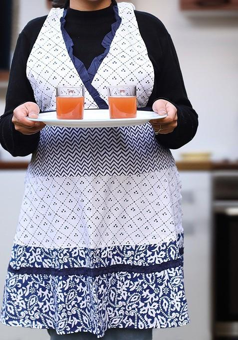 White And Blue Printed Cotton Bib Apron