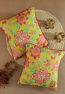 Green And Red 2 Pcs Floral Square Cotton Cushion Covers