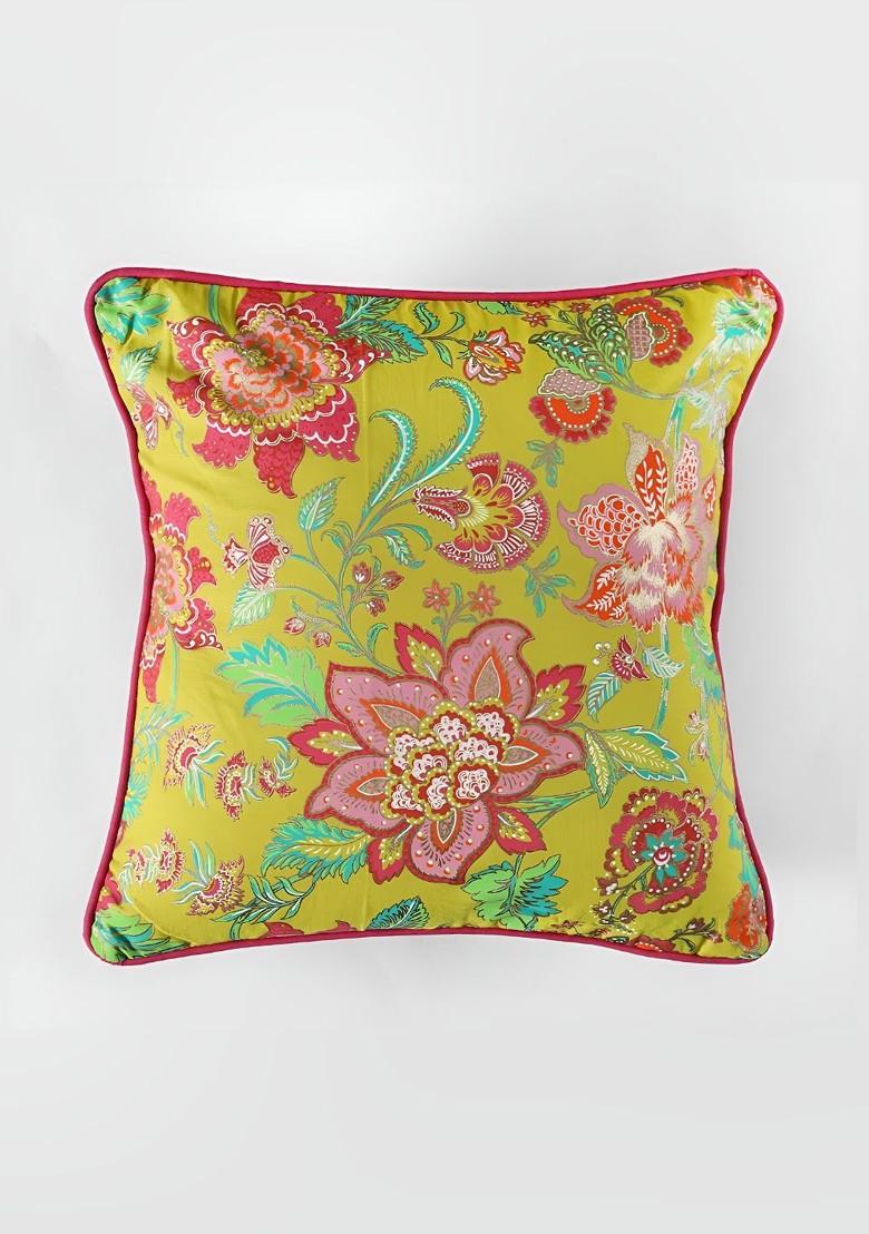 Green And Red 2 Pcs Floral Square Cotton Cushion Covers