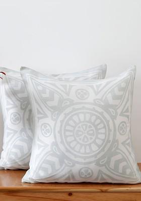 White And Grey 2 Pieces Ethnic Motifs Printed Linen Square Cushion Covers