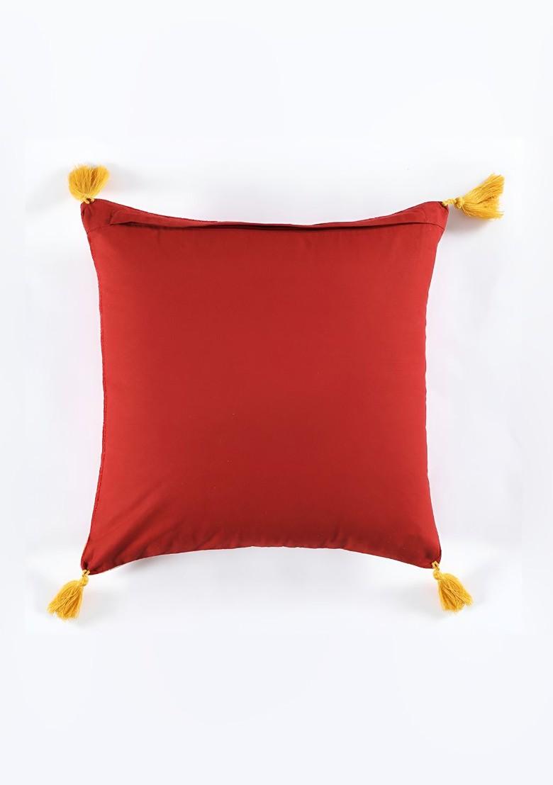 Red And Pink 2 Pieces Ethnic Motifs Embroidered Velvet Square Cushion Covers