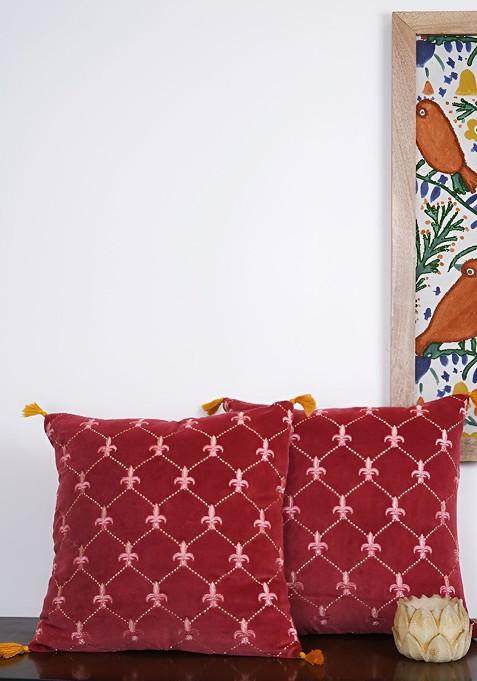 Red And Pink 2 Pieces Ethnic Motifs Embroidered Velvet Square Cushion Covers