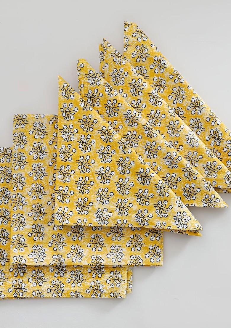 6Pcs Yellow And White Floral Printed Cotton Table Napkins