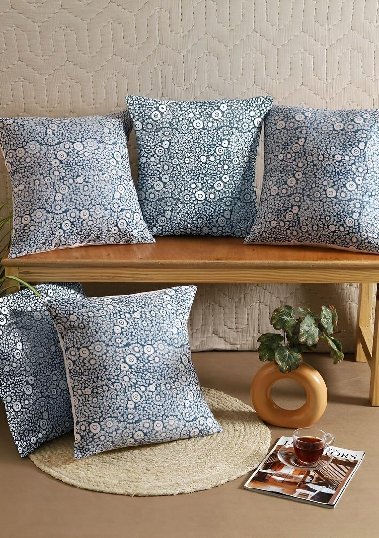 Blue And White 5 Pcs Floral Square Cushion Covers