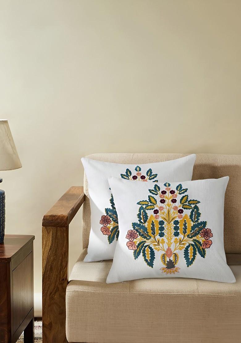 White And Orange 2 Pieces Cotton Ethnic Motifs Square Cushion Covers