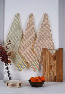 PeachColored And Purple 3 Pieces Printed Cotton Kitchen Towels