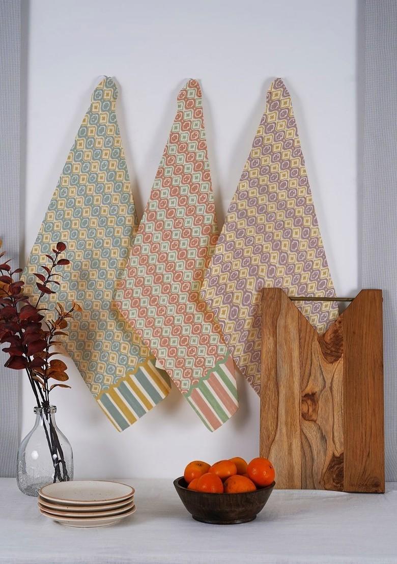 PeachColored And Purple 3 Pieces Printed Cotton Kitchen Towels