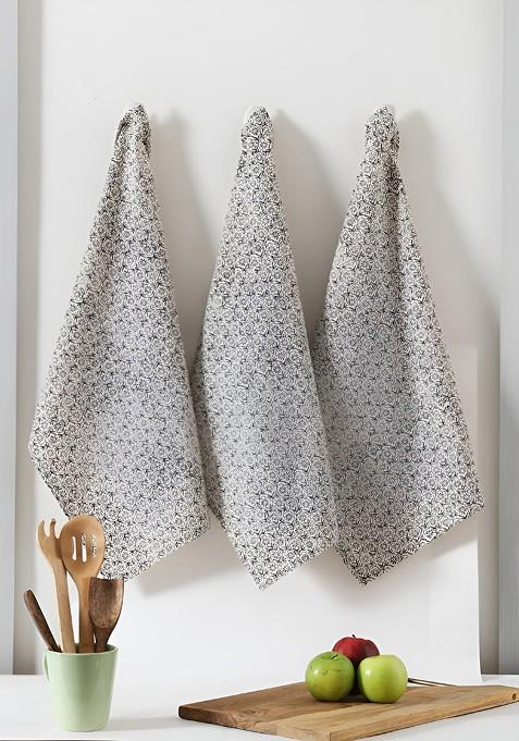 3Pcs Beige And Black Printed Cotton Kitchen Towels