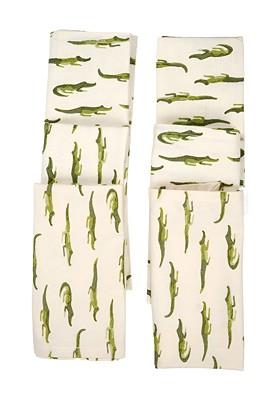 Off White And Green 6 Pieces Aligator Printed Pure Cotton Table Napkins