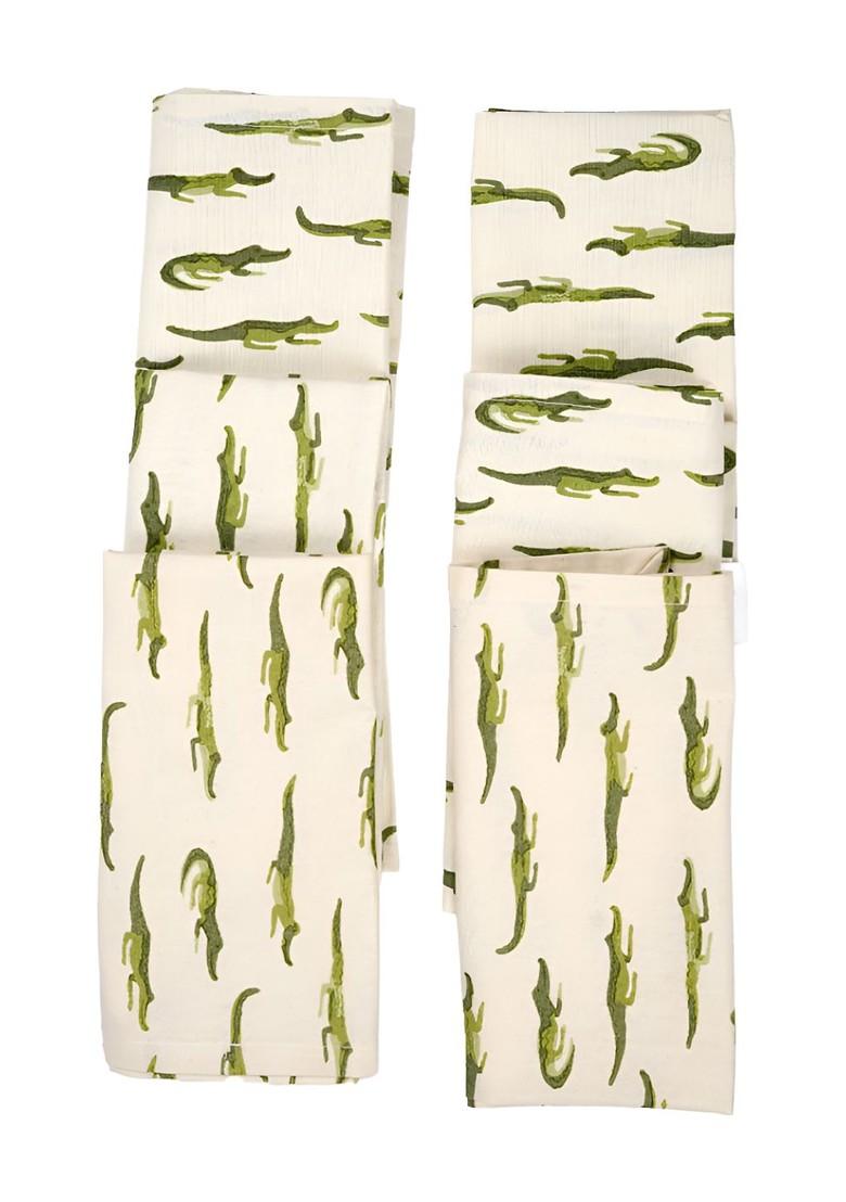 Off White And Green 6 Pieces Aligator Printed Pure Cotton Table Napkins