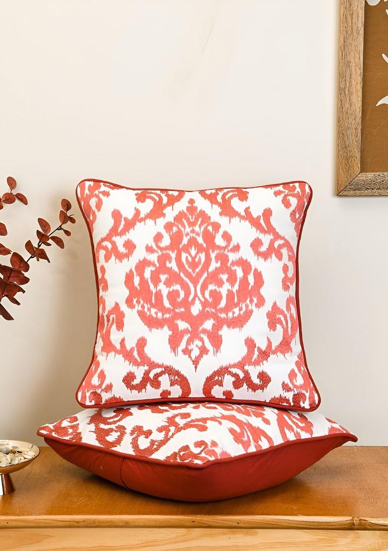 PeachColoured And White Set Of 2 Ethnic Motifs Square Cushion Covers