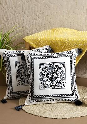 Blue And White 2 Pcs Ethnic Motifs Embroidery Square Cotton Cushion Covers