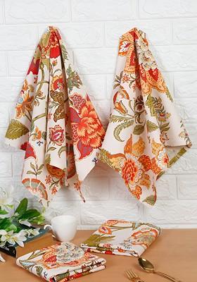 White And Red Floral Printed Cotton Kitchen Towels