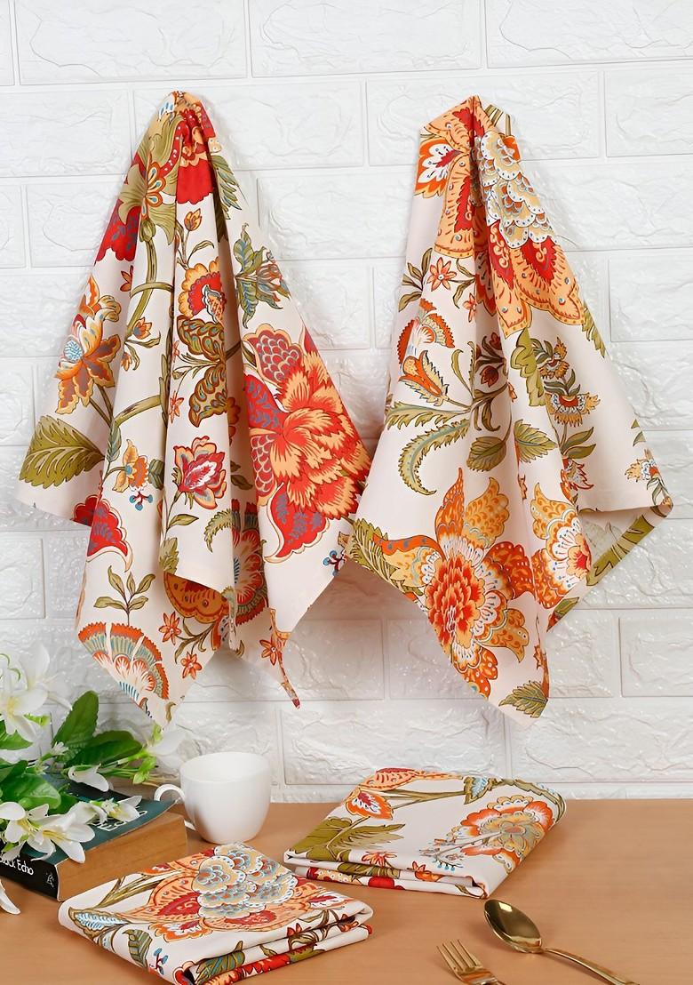 White And Red Floral Printed Cotton Kitchen Towels