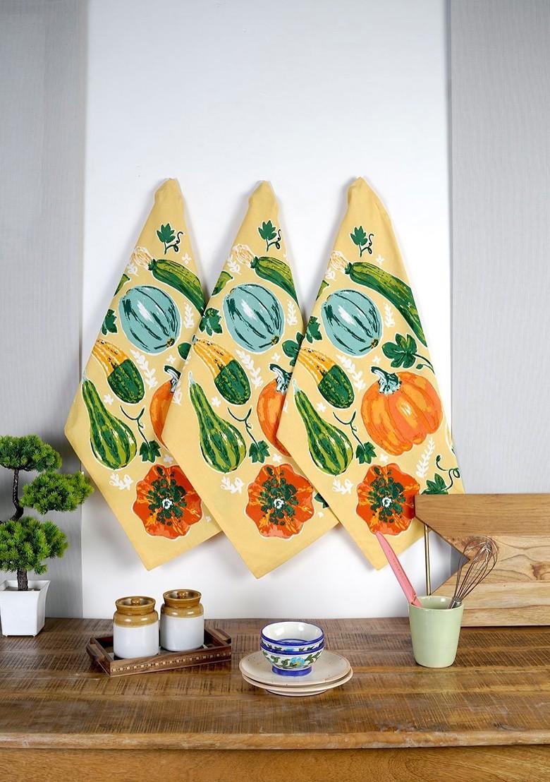Yellow And Green 3 Pieces Fruits Printed Cotton Kitchen Towels