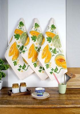 Orange And Green 3 Pieces Pumpkin Printed Cotton Kitchen Towels