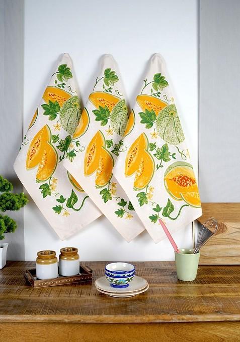 Orange And Green 3 Pieces Pumpkin Printed Cotton Kitchen Towels
