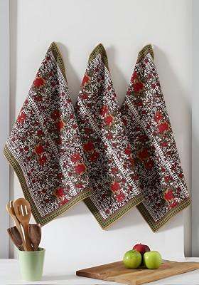 3Pcs Red And White Printed Cotton Kitchen Towels