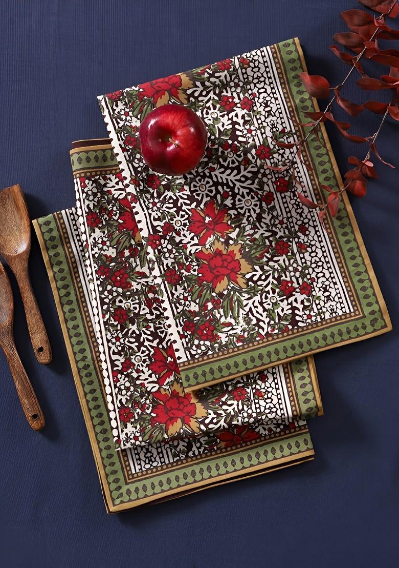 3Pcs Red And White Printed Cotton Kitchen Towels