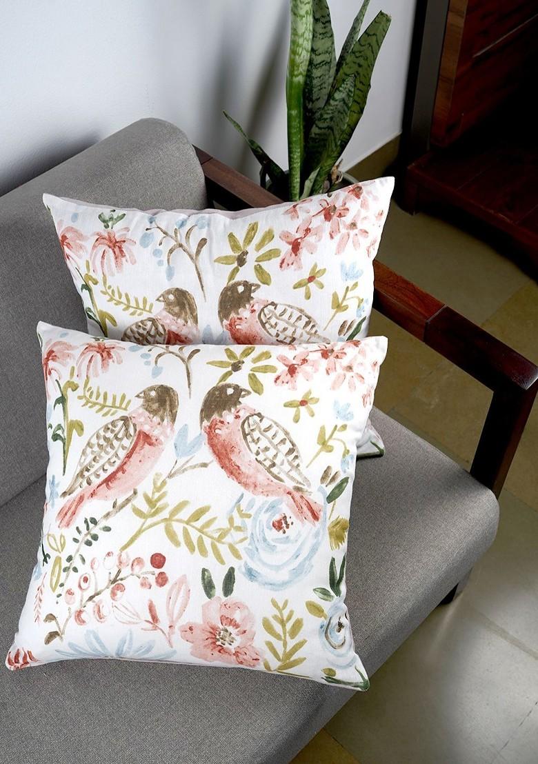 Peach And White 2 Pieces Ethnic Motifs Square Pure Cotton Cushion Covers