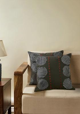 Charcoal And White 2 Pieces Geometric Printed Cotton Square Cushion Covers