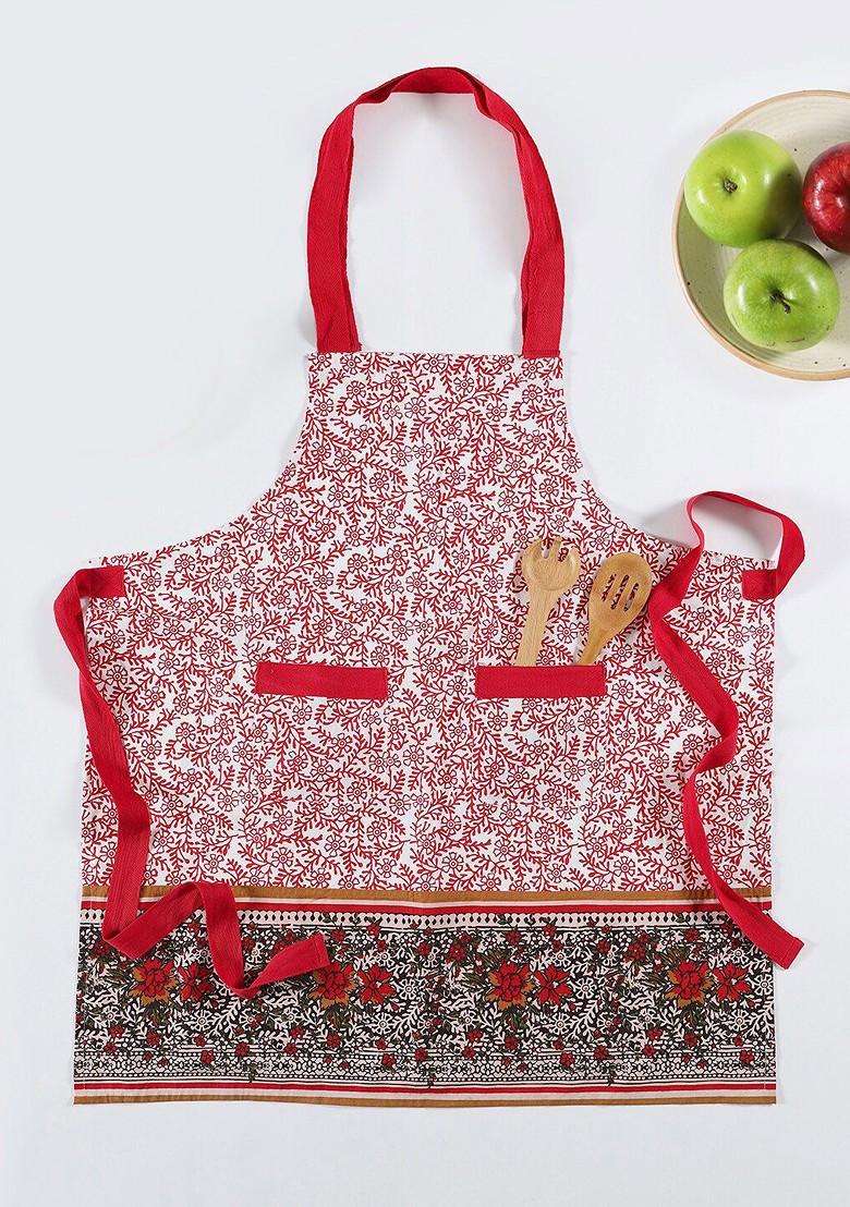 Brown And White Floral Printed Cotton Apron