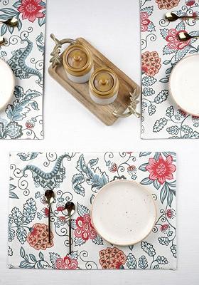 4 Pieces White And Green Floral Printed Pure Cotton Table Placemats