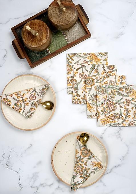 White And Yellow 6 Pieces Floral Printed Table Napkins