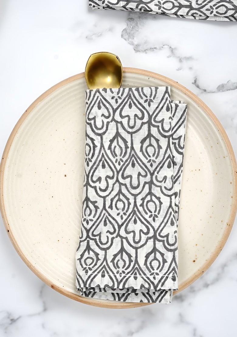 White And Grey 6 Pieces Floral Printed Pure Cotton Table Napkins