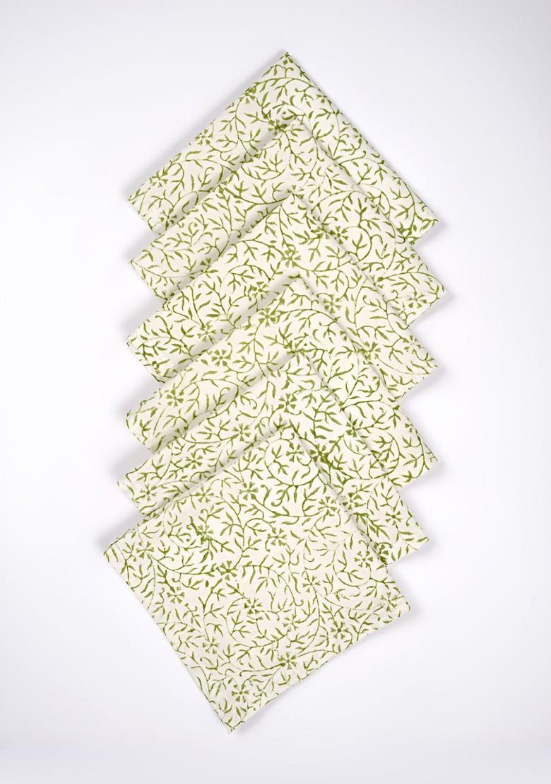 Off White And Green 6 Pieces Floral Printed Table Napkins