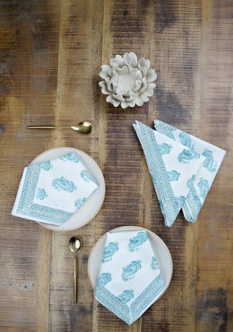 White And Blue Paisley Printed 4 Pieces Pure Cotton Table Napkins