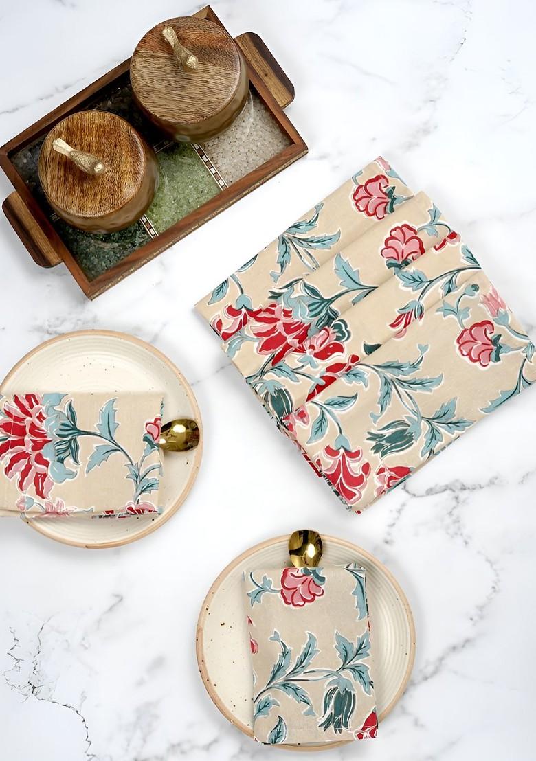 CreamColored And Pink 6 Pieces Floral Printed Pure Cotton Table Napkins