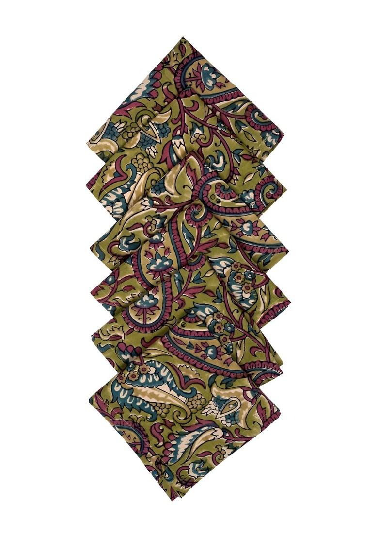 Green And Maroon 6 Pieces Floral Printed Table Napkins