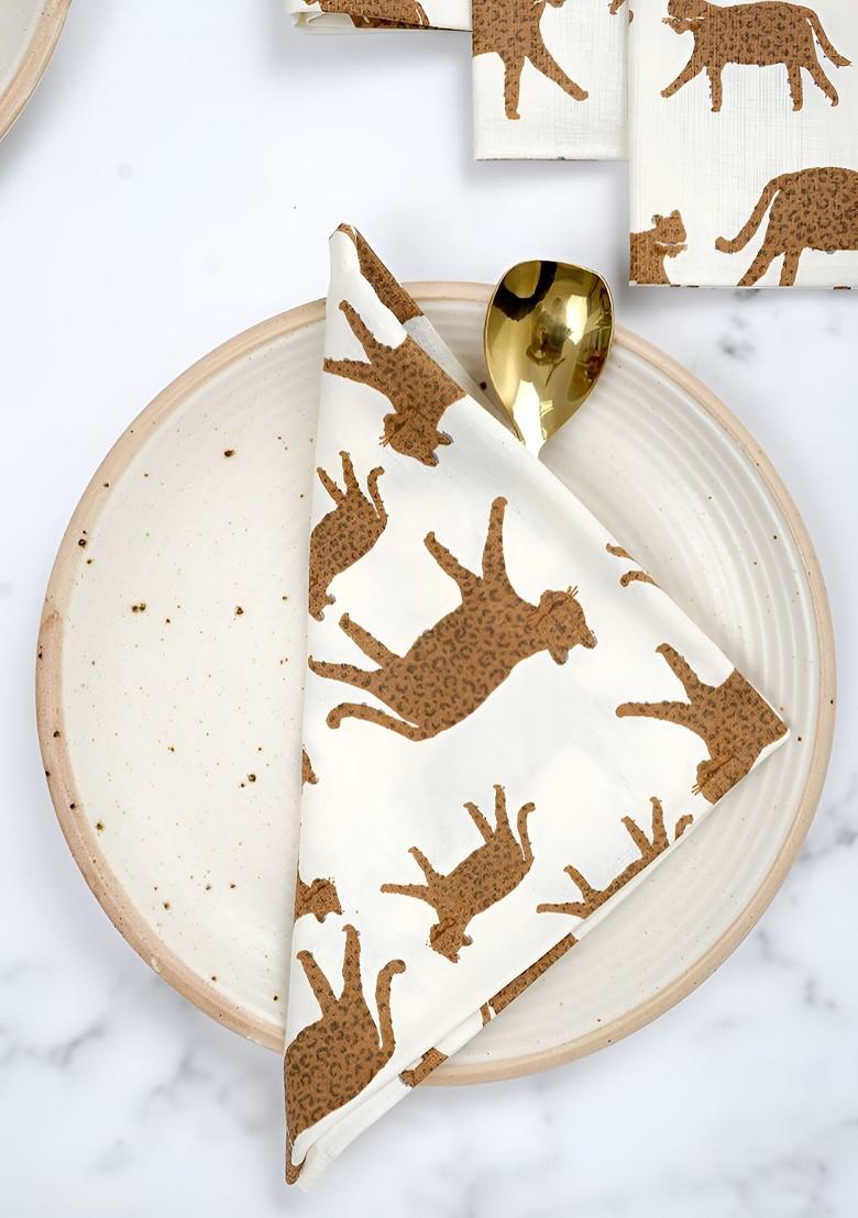 White And Brown Leopard Printed 6 Pieces Pure Cotton Table Napkins